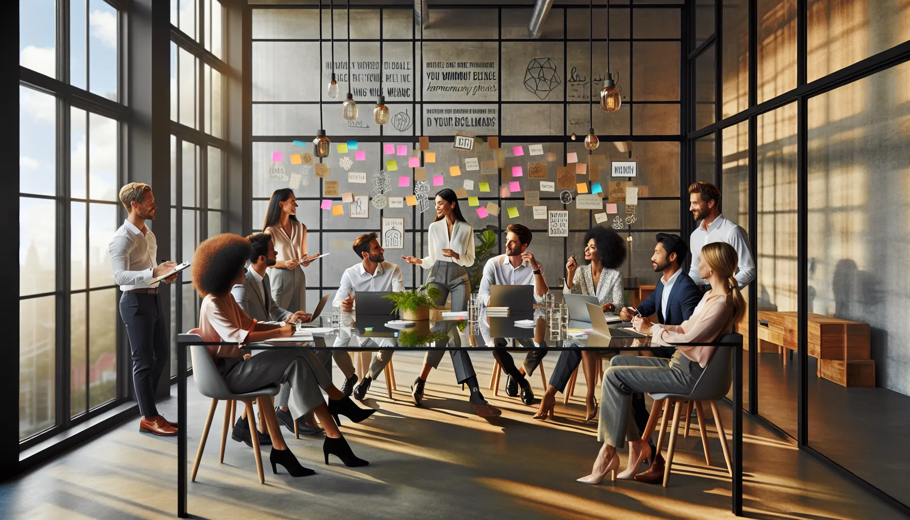 diverse team discussing duois concept in a modern office.