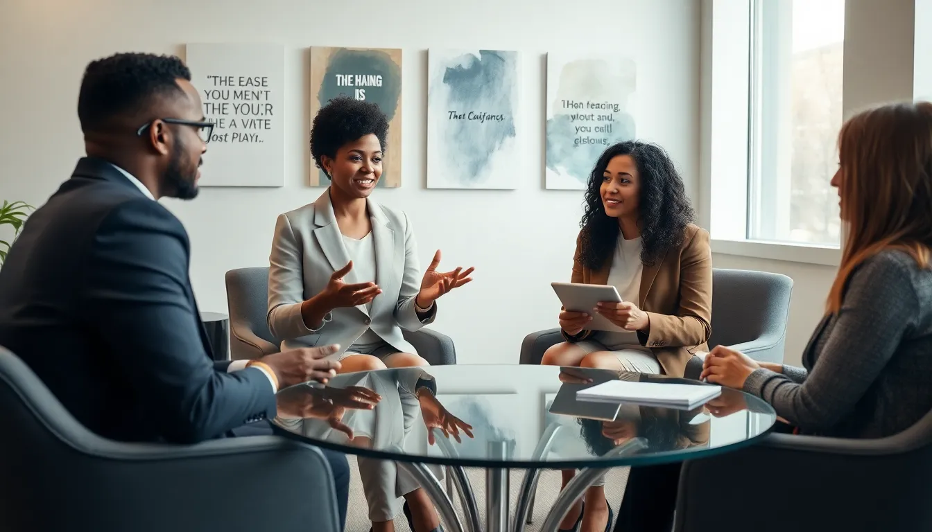 diverse mental health professionals discussing in a modern counseling office.