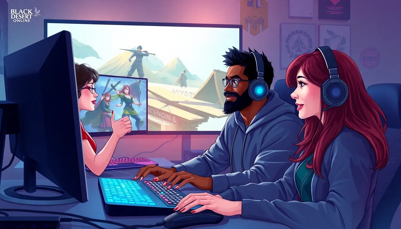 diverse group of gamers discussing Black Desert Online on Discord.