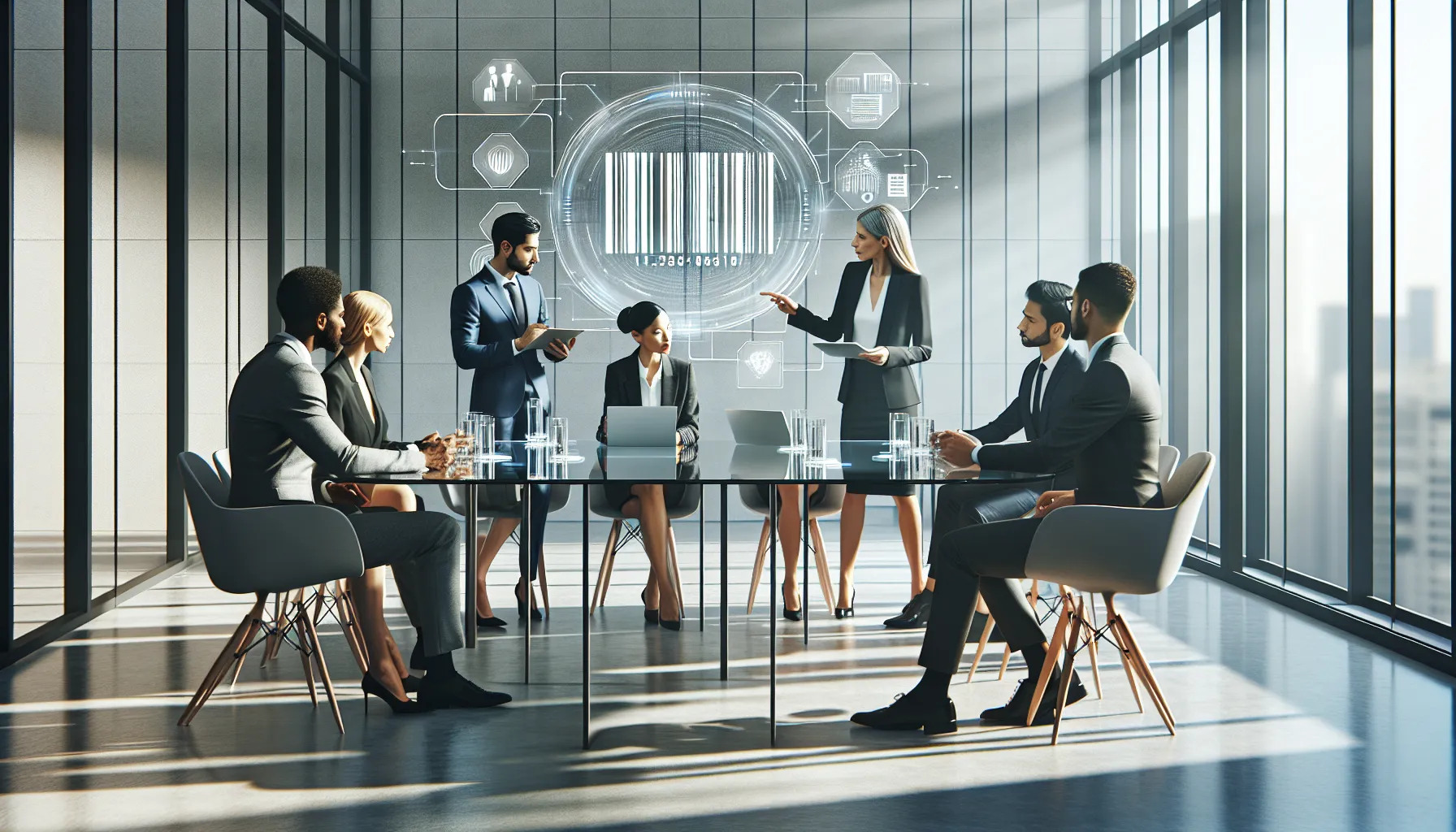 diverse team discussing numerical identifiers in a modern office.