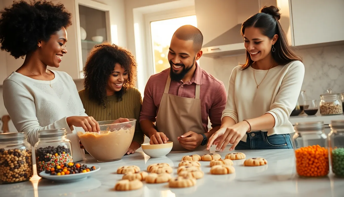 diverse friends baking cookies in a warm, modern kitchen.