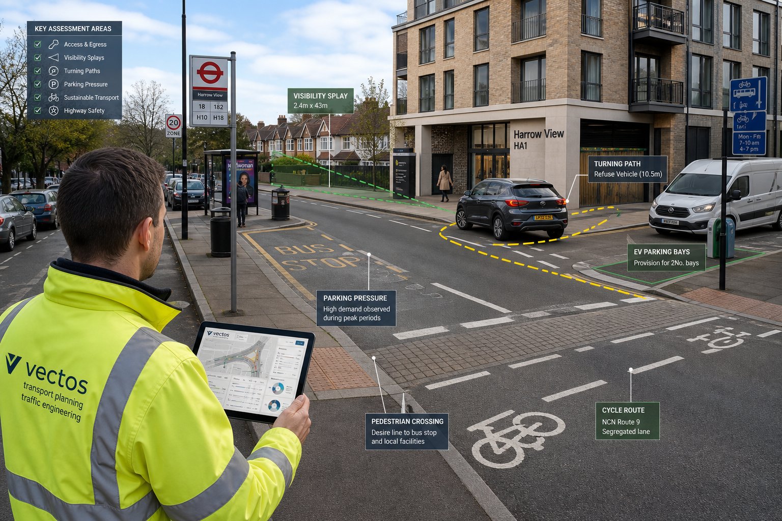 Traffic engineer assessing site access and parking on a Harrow street.