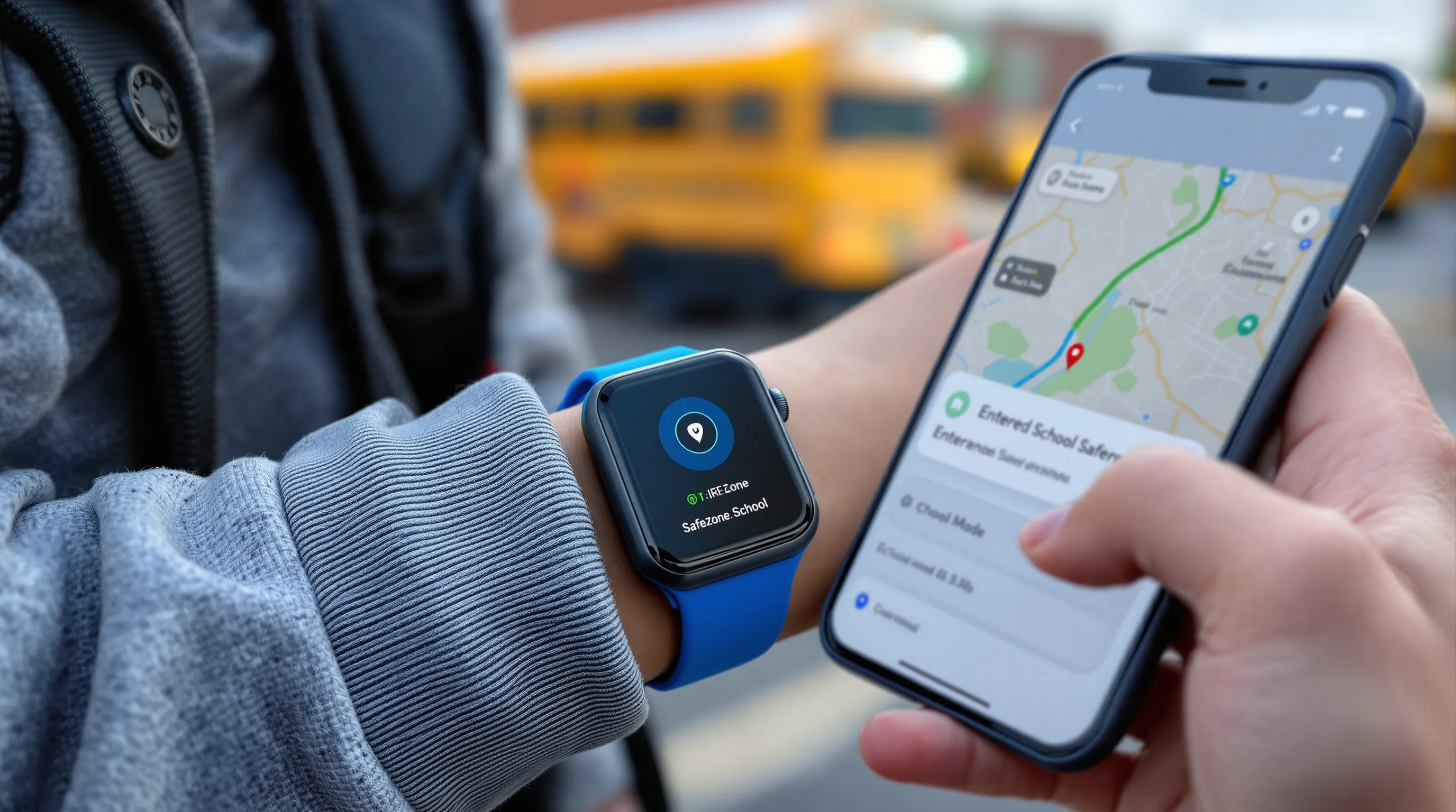 Child wearing JrTrack smartwatch while parent tracks location on phone.
