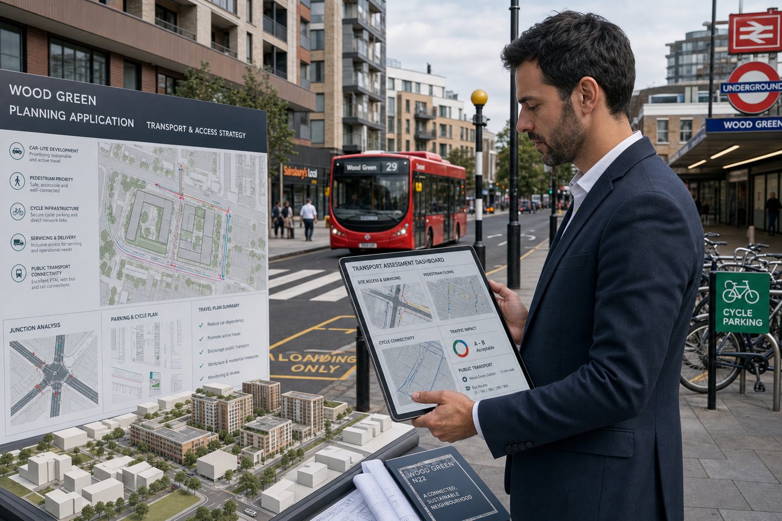 Traffic engineer reviewing transport plans in a modern Wood Green street setting.
