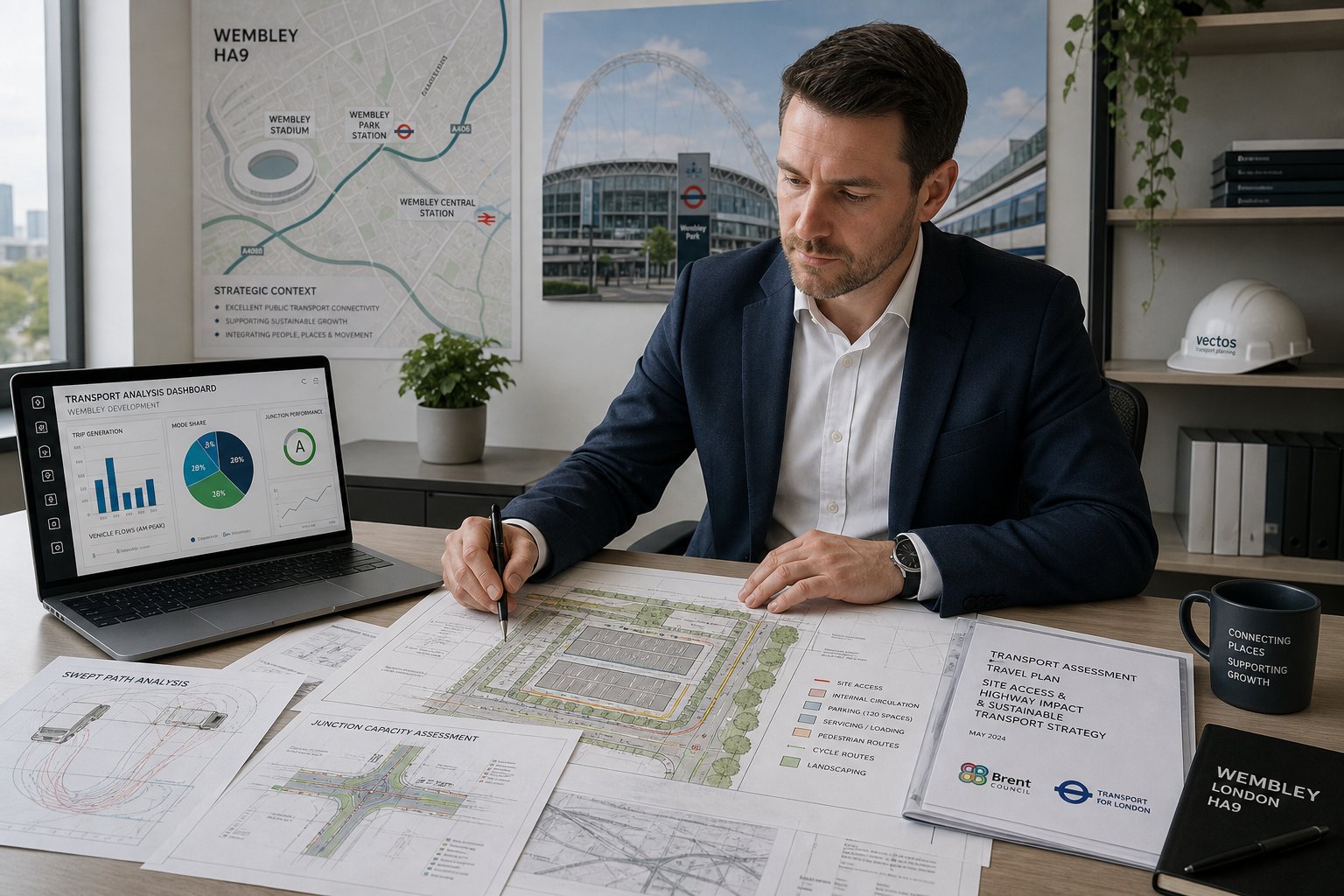Traffic engineer reviewing Wembley site plans in a modern office.