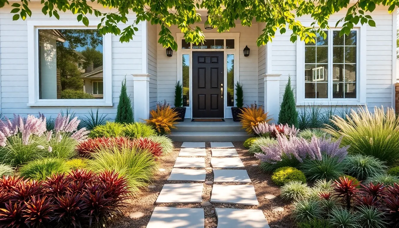 Landscaped front yard with colorful foundation plants around a modern house.
