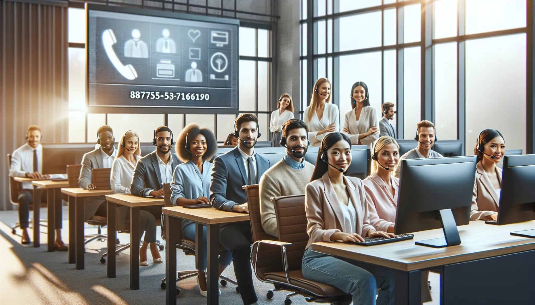 diverse customer service team in a modern office.
