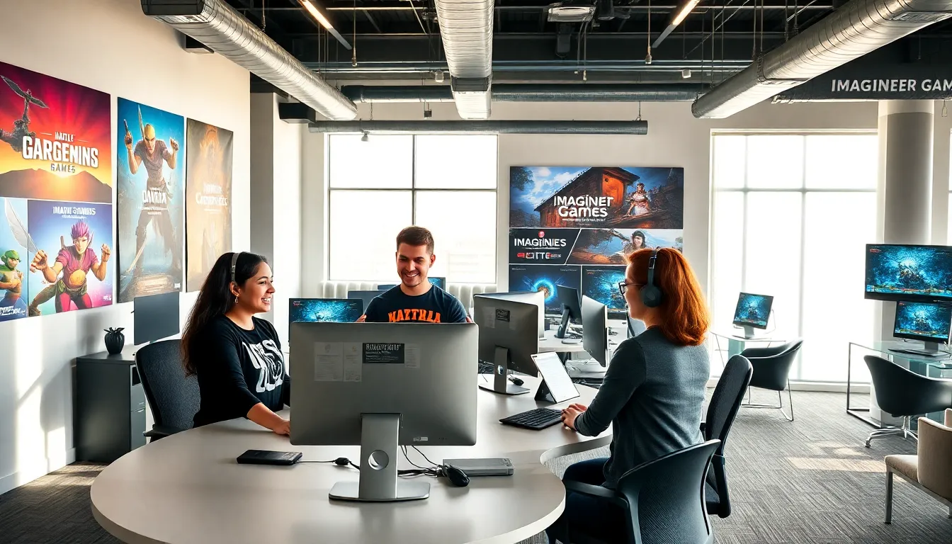 Employees brainstorming at Imagineer Games' modern office in the United States.