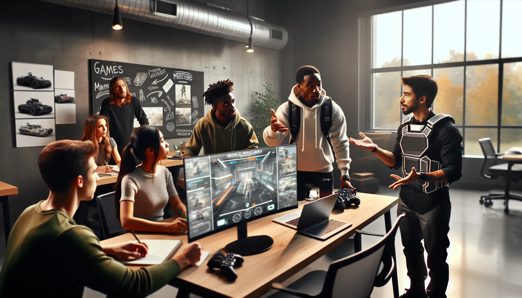 diverse group of gamers collaborating in a modern office setting.