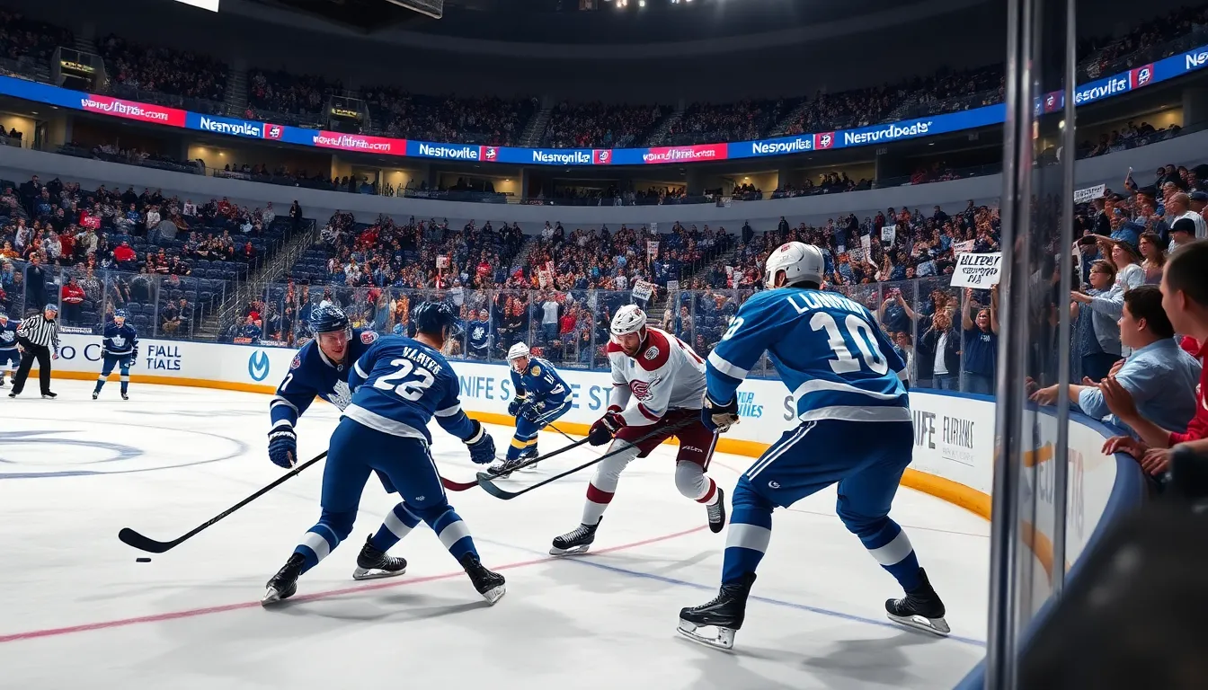 hockey game action with players and enthusiastic fans in a modern arena.