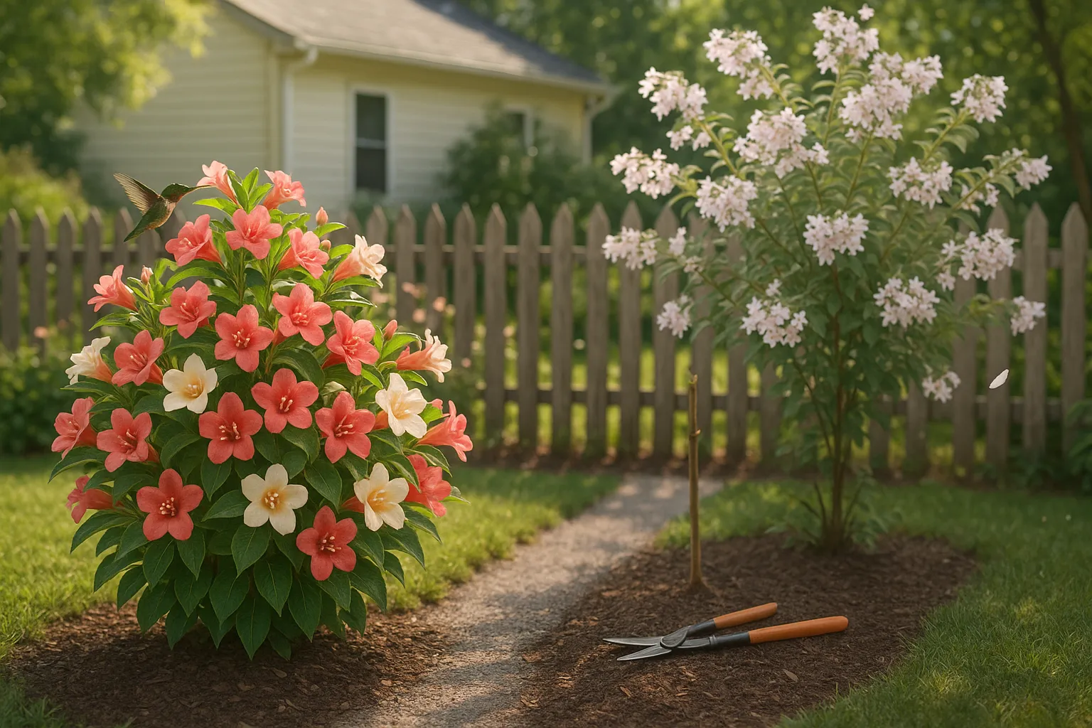 Weigela with bold trumpet flowers and hummingbird beside airy, bell‑flowered Kolkwitzia.
