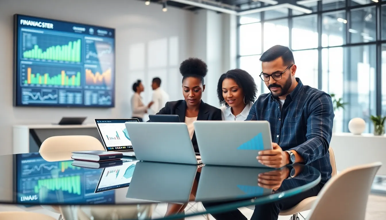 diverse team collaborating on financial technology in a modern office.
