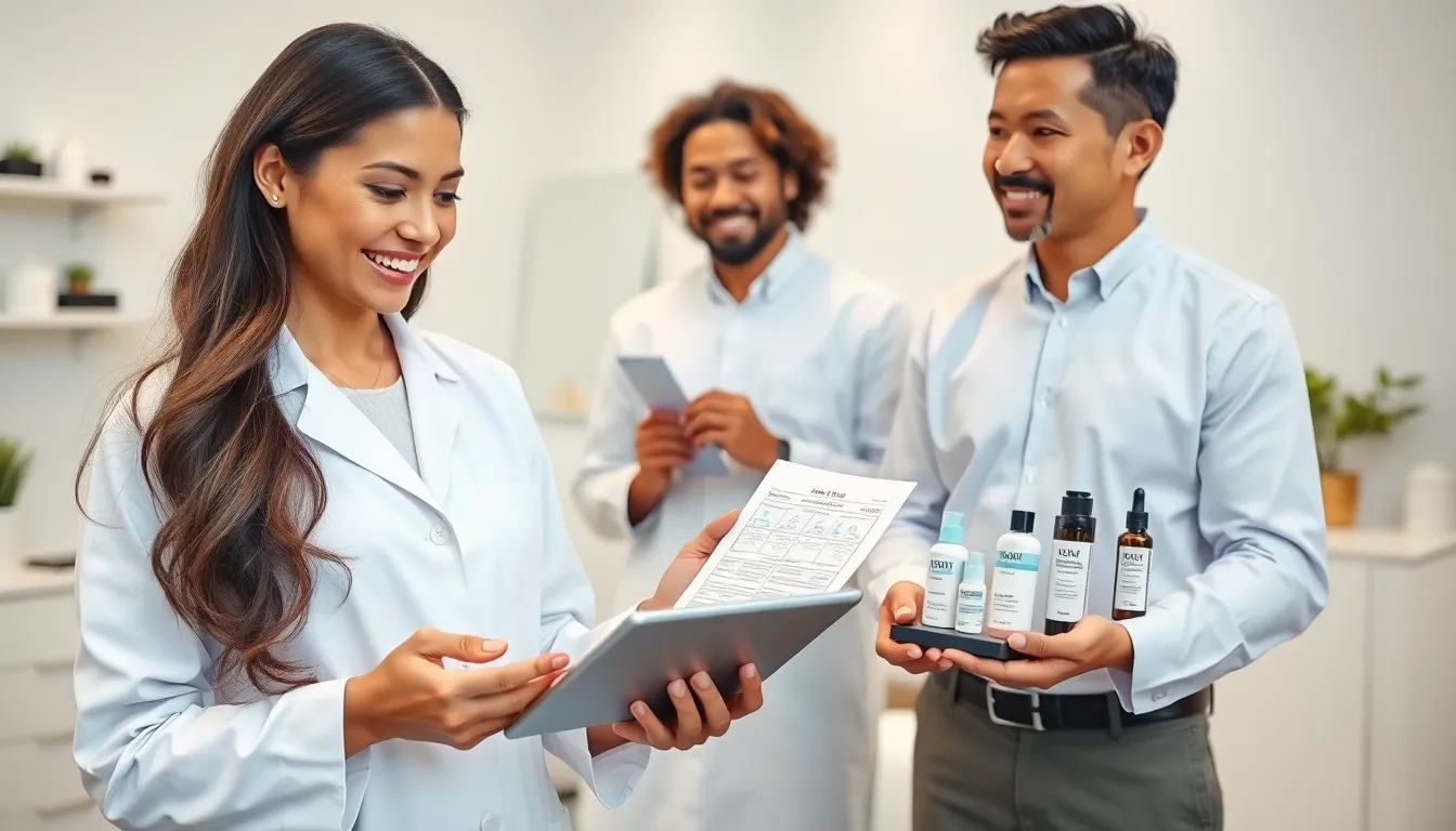 skincare professionals discussing skin types in a modern setting.