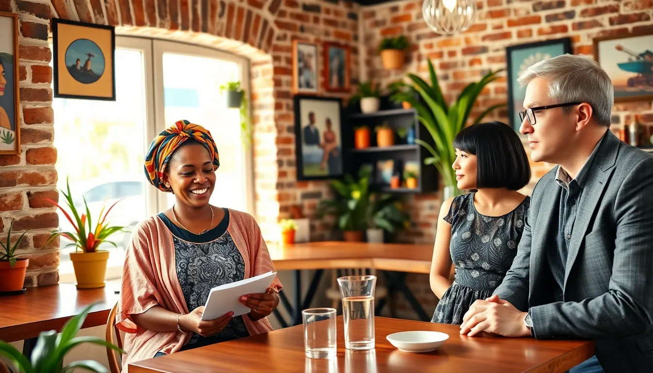 a diverse group of people sharing stories in a sunlit café.