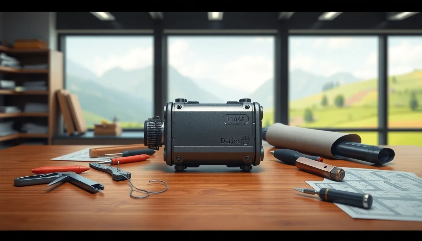 Stylized Dwarf Gadget with crafting tools in a modern workspace.