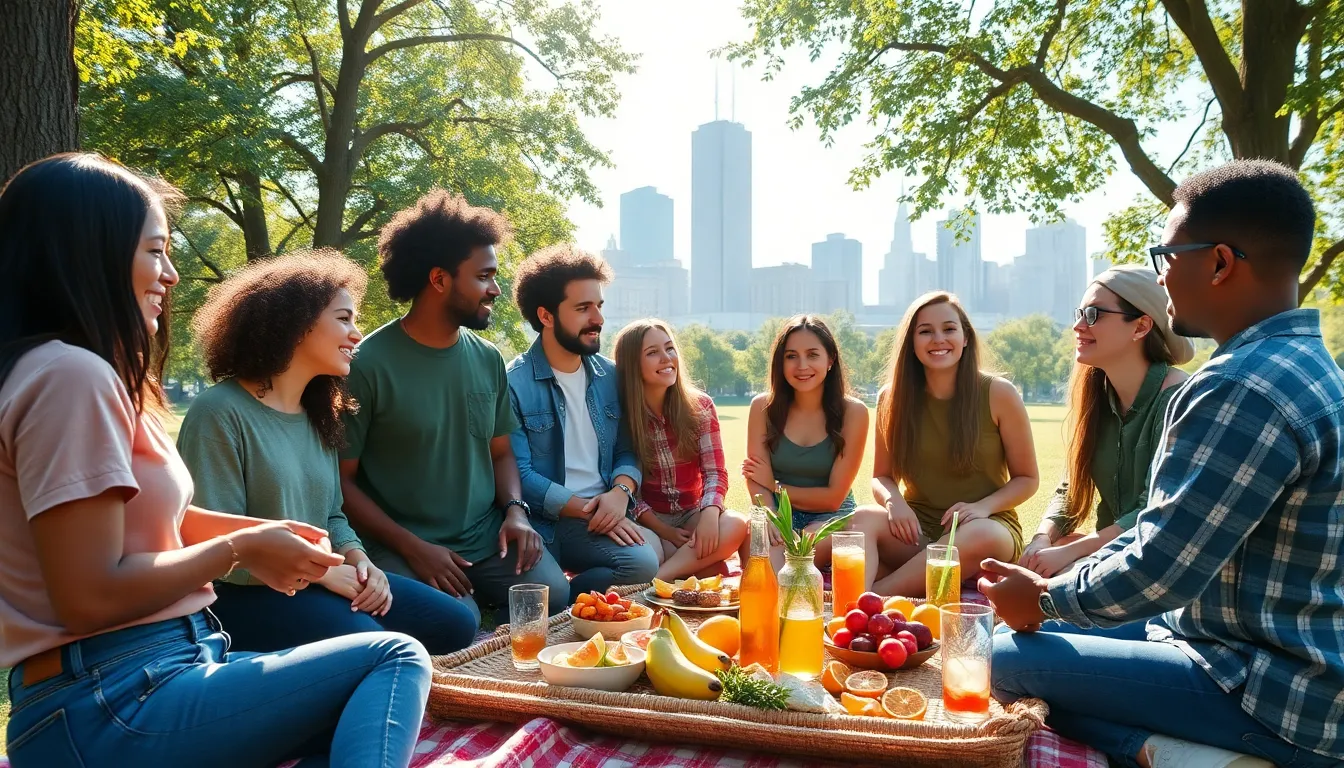 diverse group discussing lifestyle trends in an urban park.