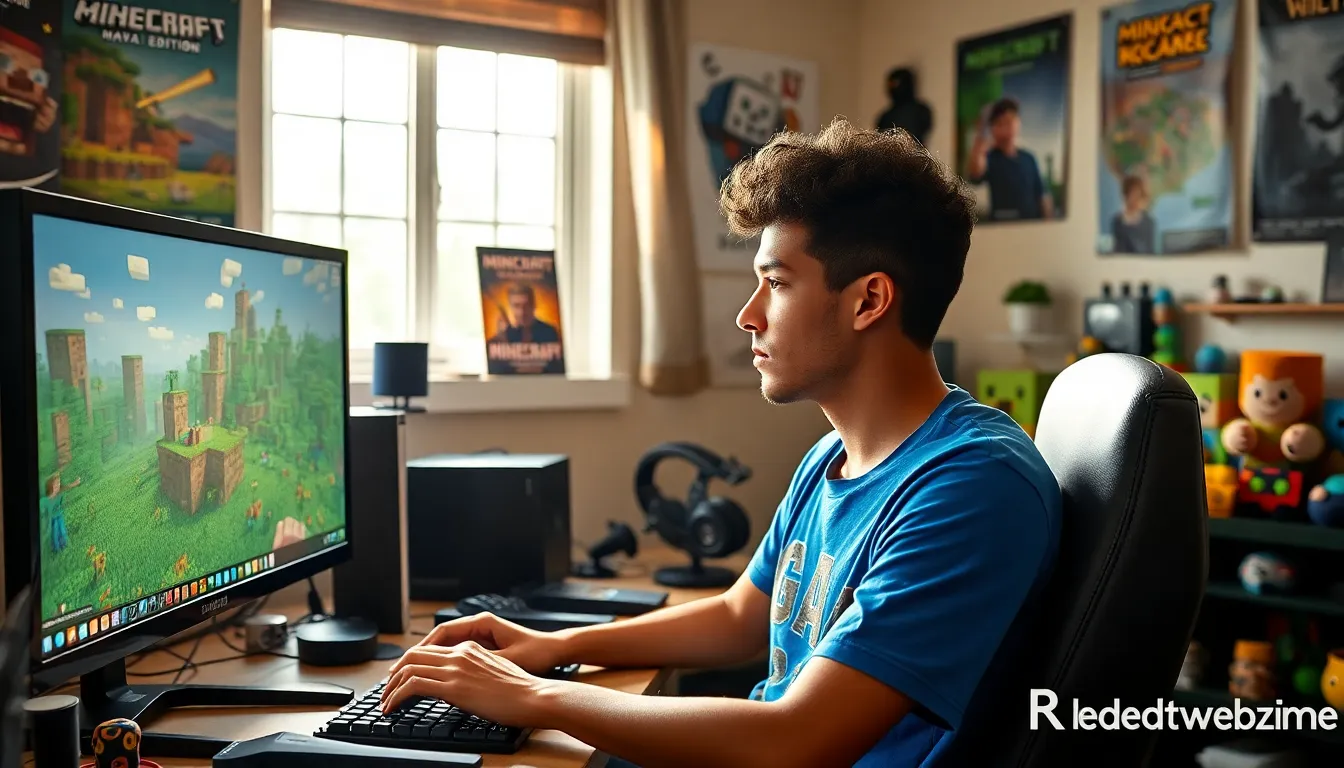 A gamer playing Minecraft Java Edition in a decorated gaming room.