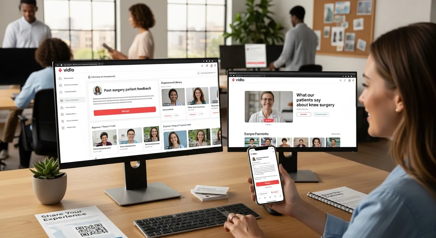 Marketer managing organized customer video testimonials in Vidlo dashboard with QR-linked materials.