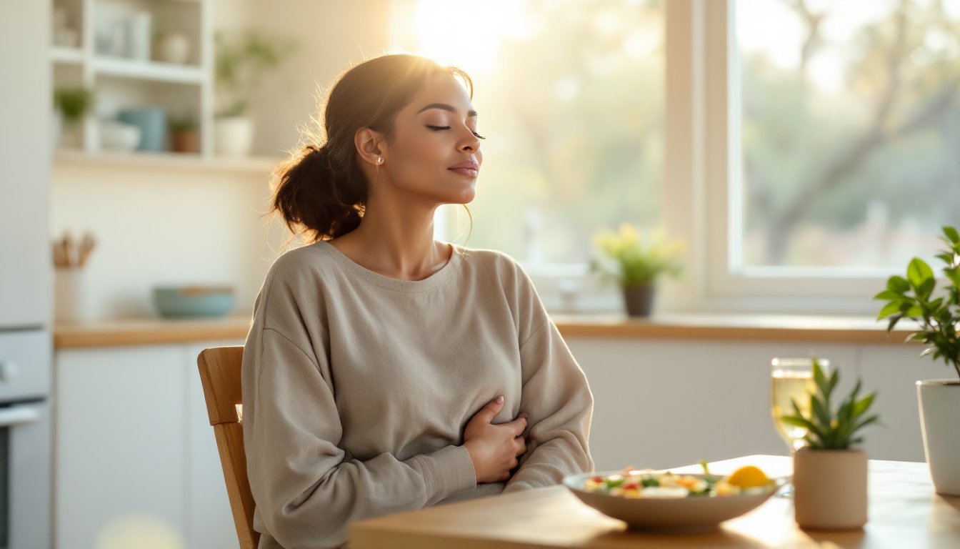 Woman sitting quietly at a kitchen table after lunch, practicing mindful self-awareness.