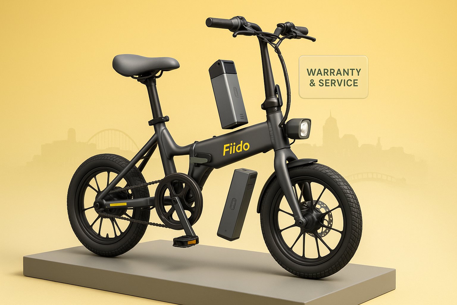 3D render of a folding electric bike with removable battery and Dublin skyline
