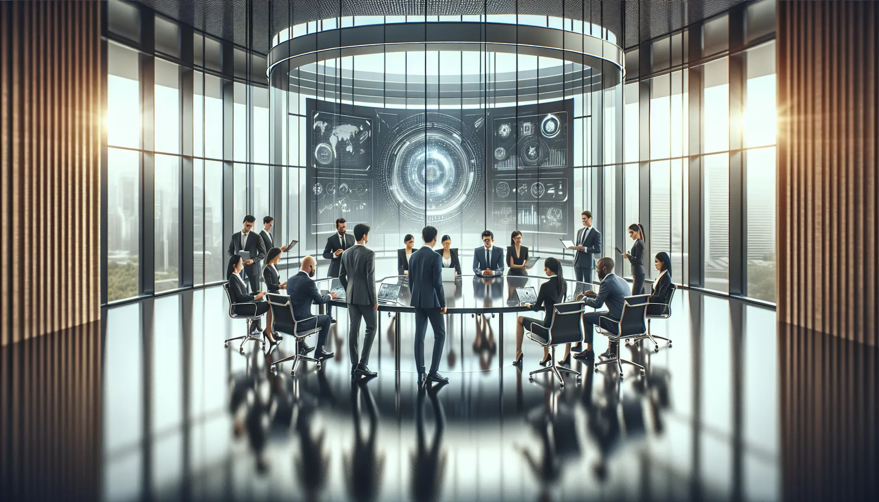 diverse team collaborating in a modern office with digital analytics display.