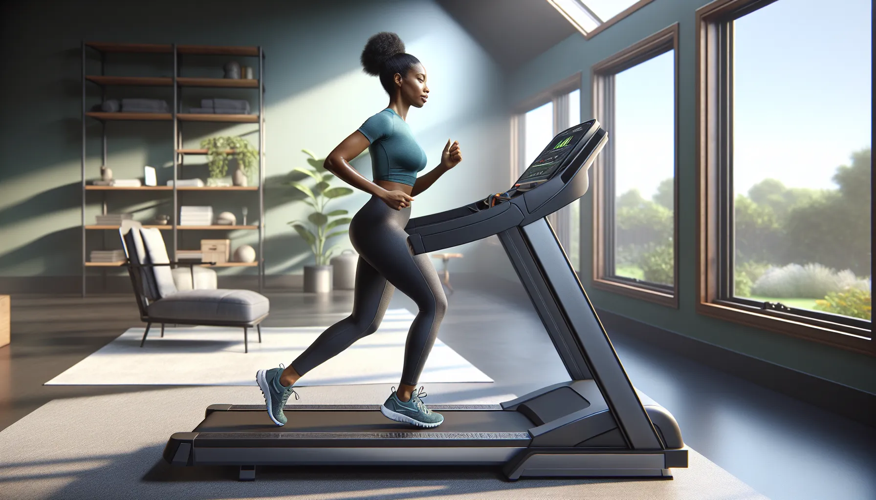 Woman with knee brace walking on cushioned treadmill at gentle incline.