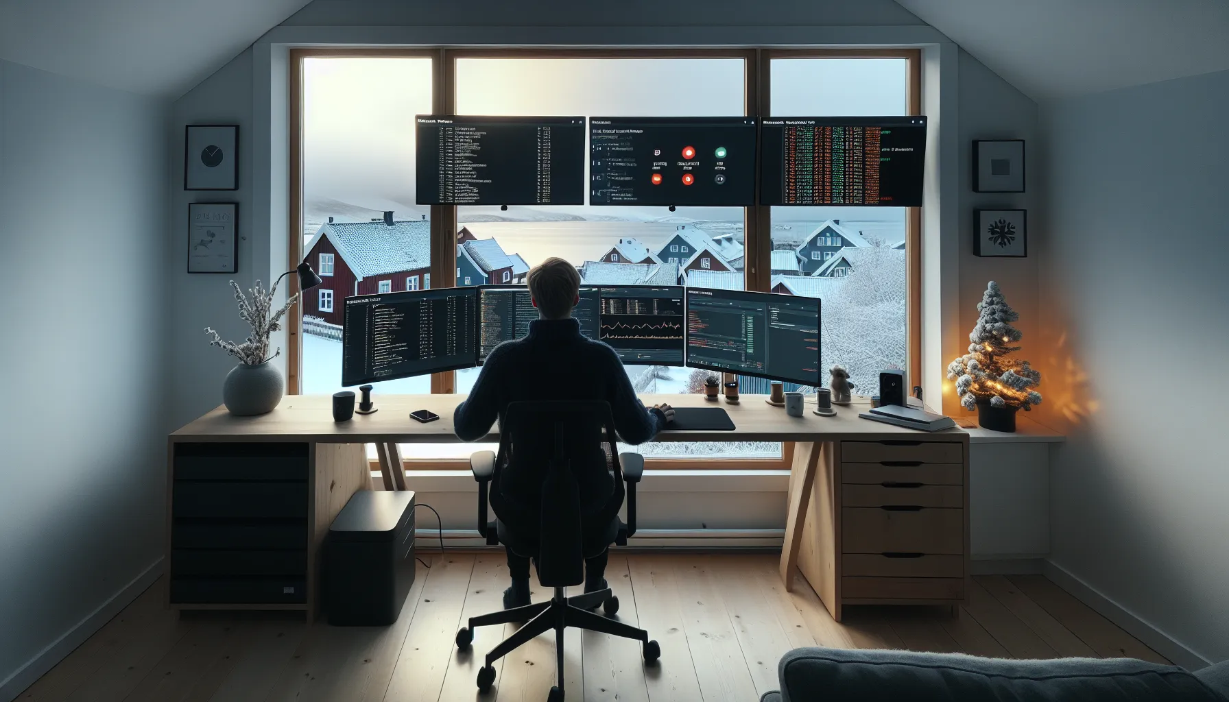Norwegian data engineer triages alerts and dashboards in a morning home office.