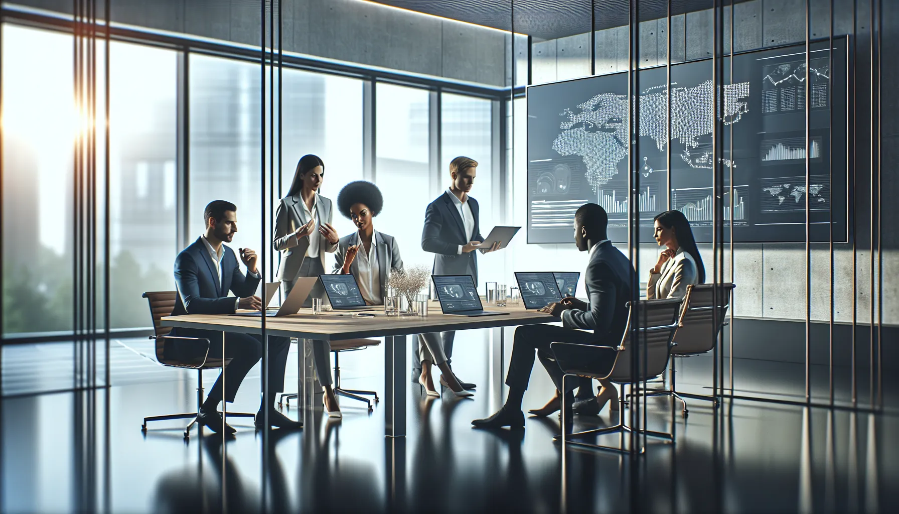 diverse professionals discussing IP address usage in a modern office.