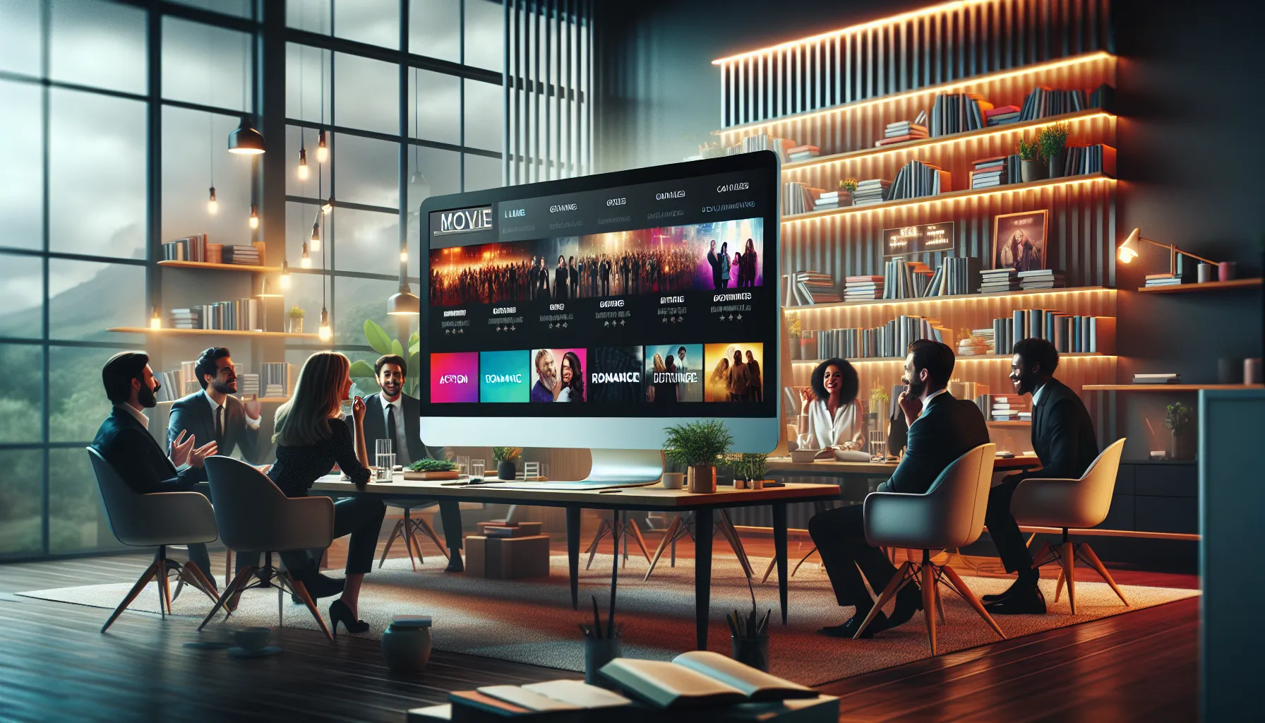 diverse team discussing movies in a modern home office.