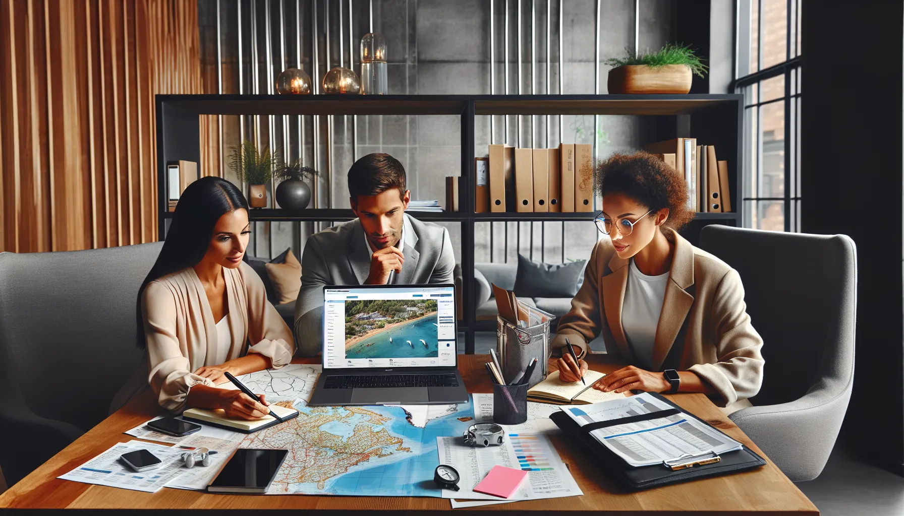diverse team planning travel in a modern office setting.