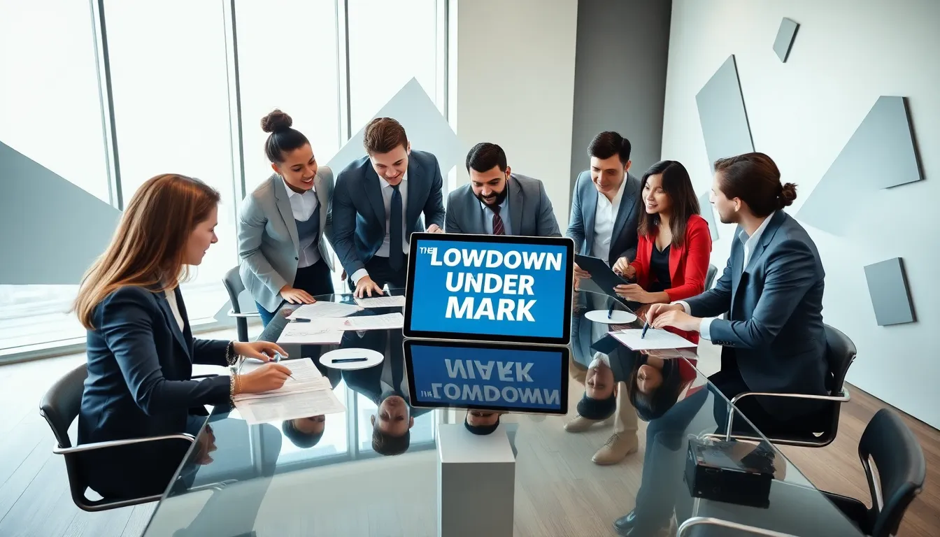 diverse professionals discussing The Lowdown Under Mark in a modern office.