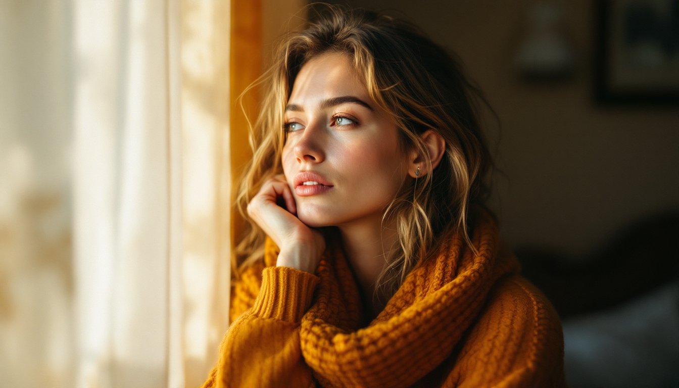 Woman pausing with hand on stomach before eating, reflecting mindfully in a warm kitchen.