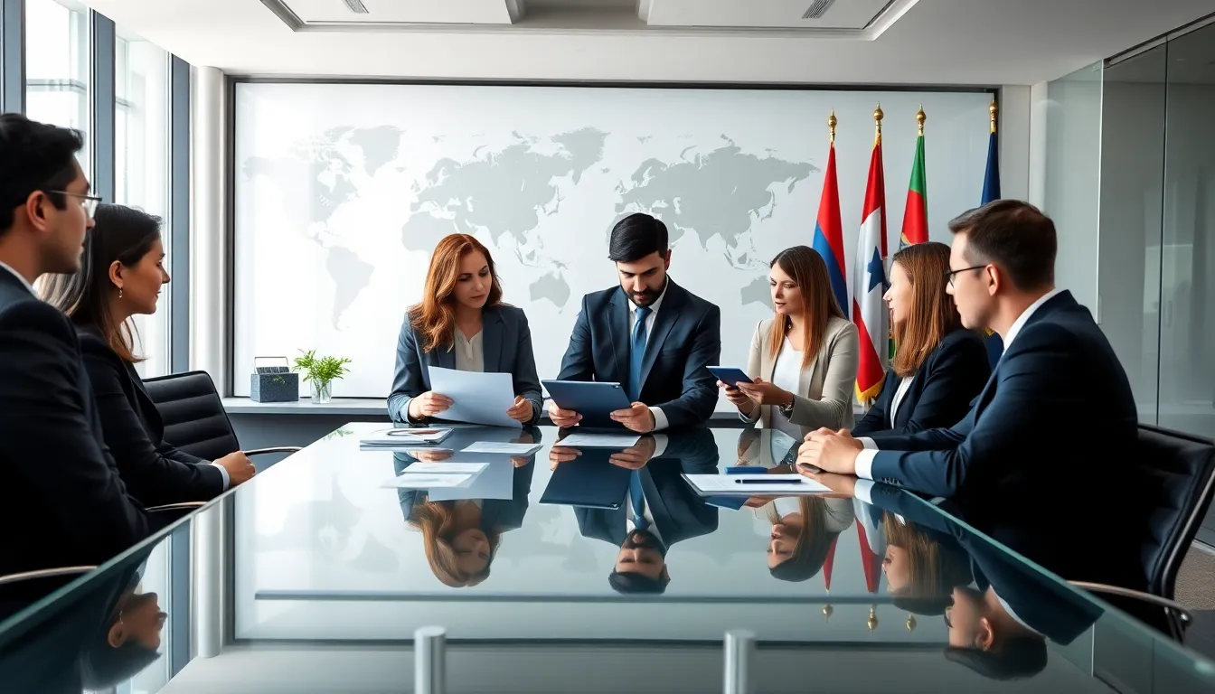 diverse team discussing diplomatic relations in a modern office.