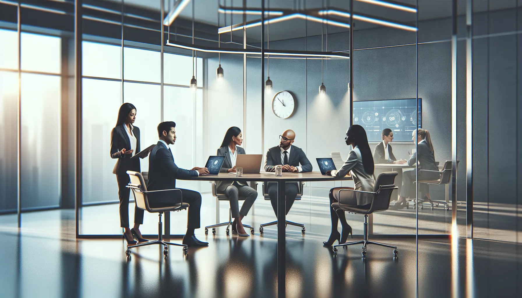 diverse team discussing customer service in a modern office.