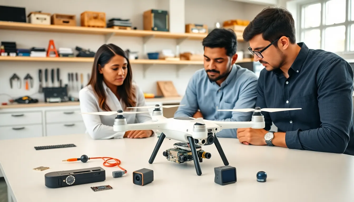engineers assembling a Raspberry Pi Zero thermal drone in a modern workshop.