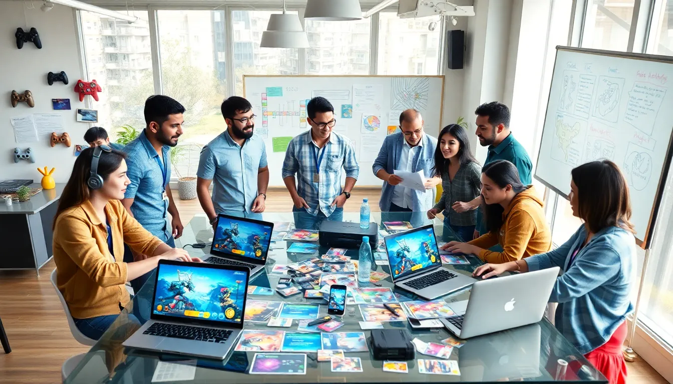 diverse game development team collaborating in a modern office.