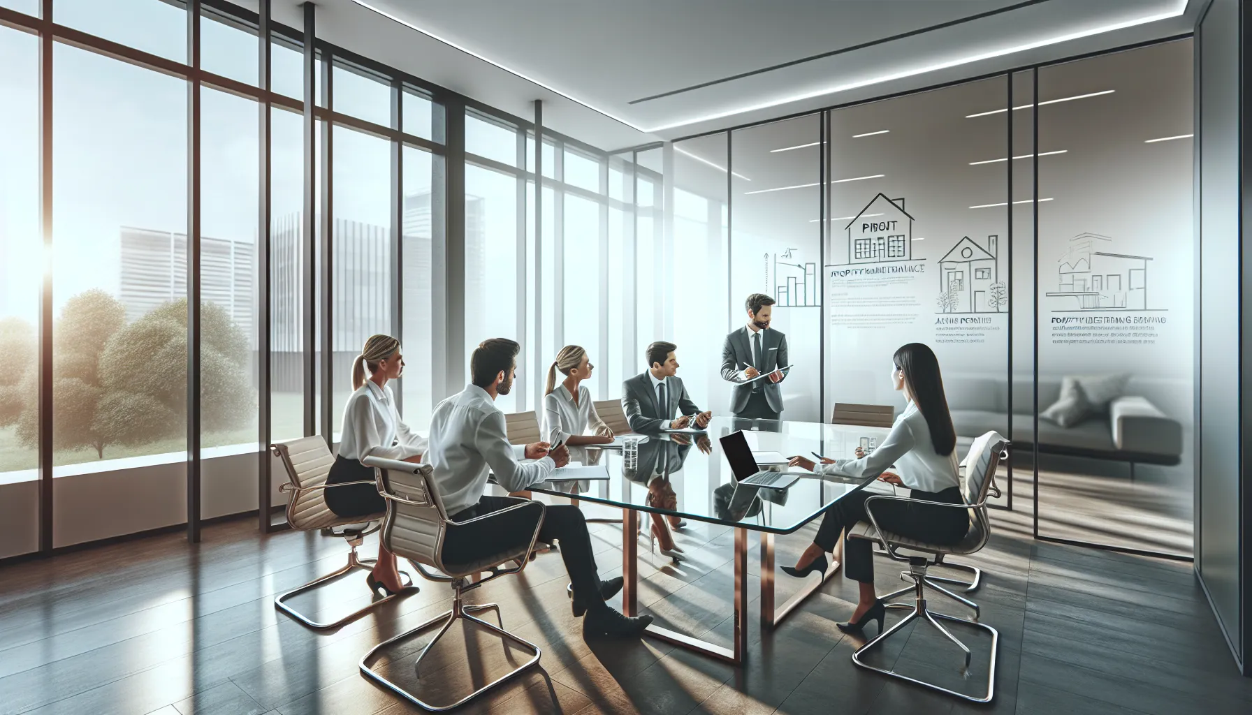 diverse team collaborating in a modern office regarding property care services.