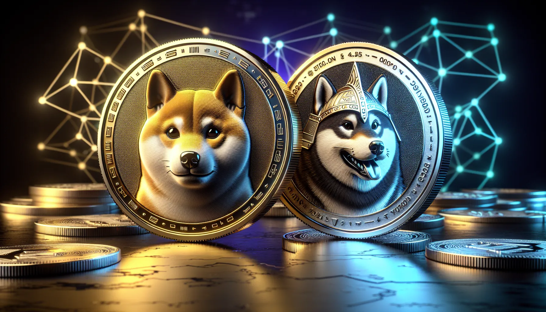 Two cryptocurrency coins side by side showing Shiba Inu and Floki Inu tokens with blockchain elements.