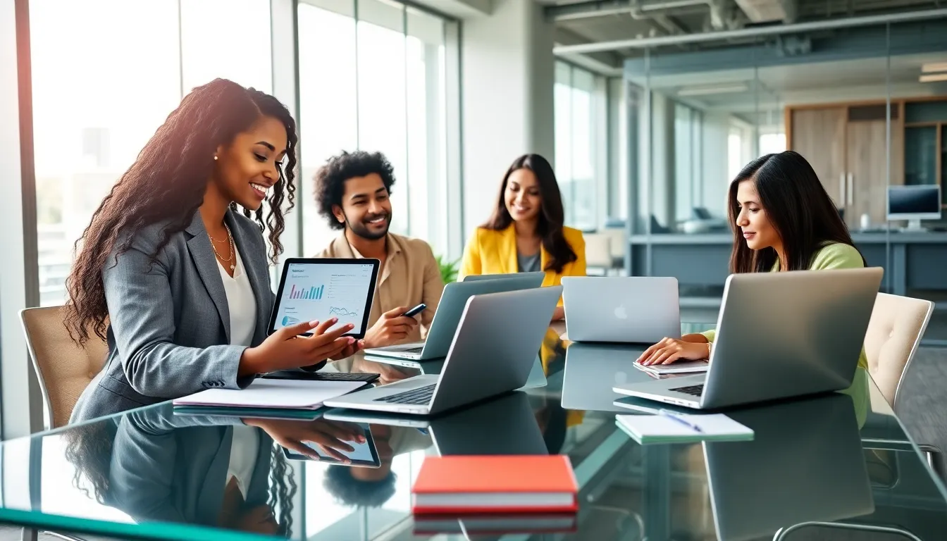diverse millennials discussing finance in a modern office.