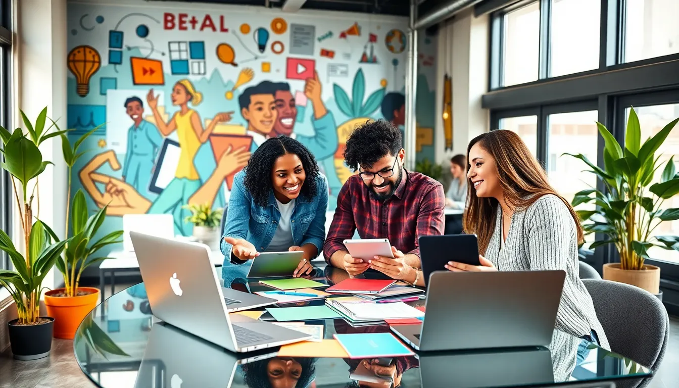 diverse professionals collaborating in a vibrant co-working space.