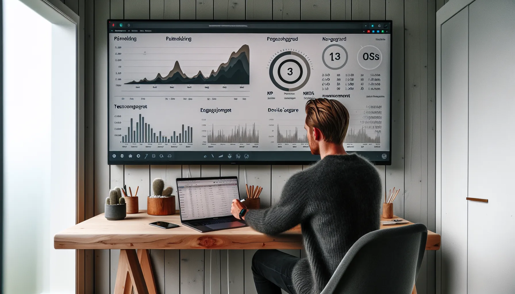 Analyst reviews norwegian e‑learning kpi dashboard in a bright oslo office.