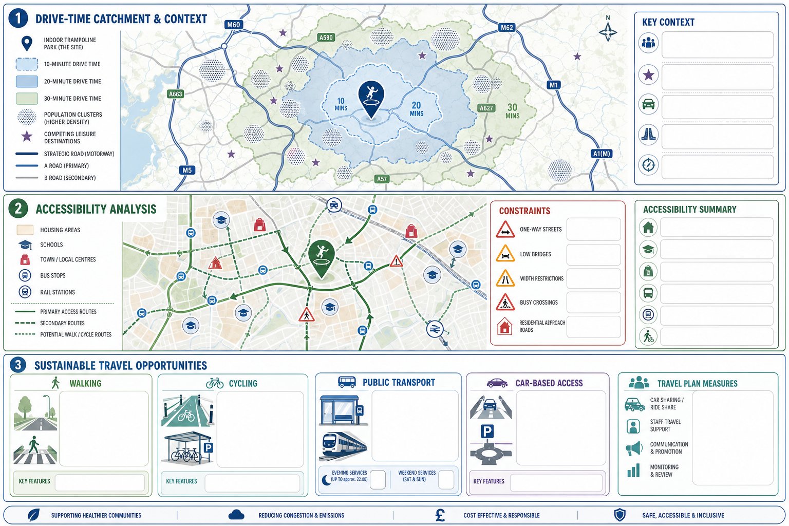 UK infographic showing trampoline park catchment, access routes, and sustainable travel options.
