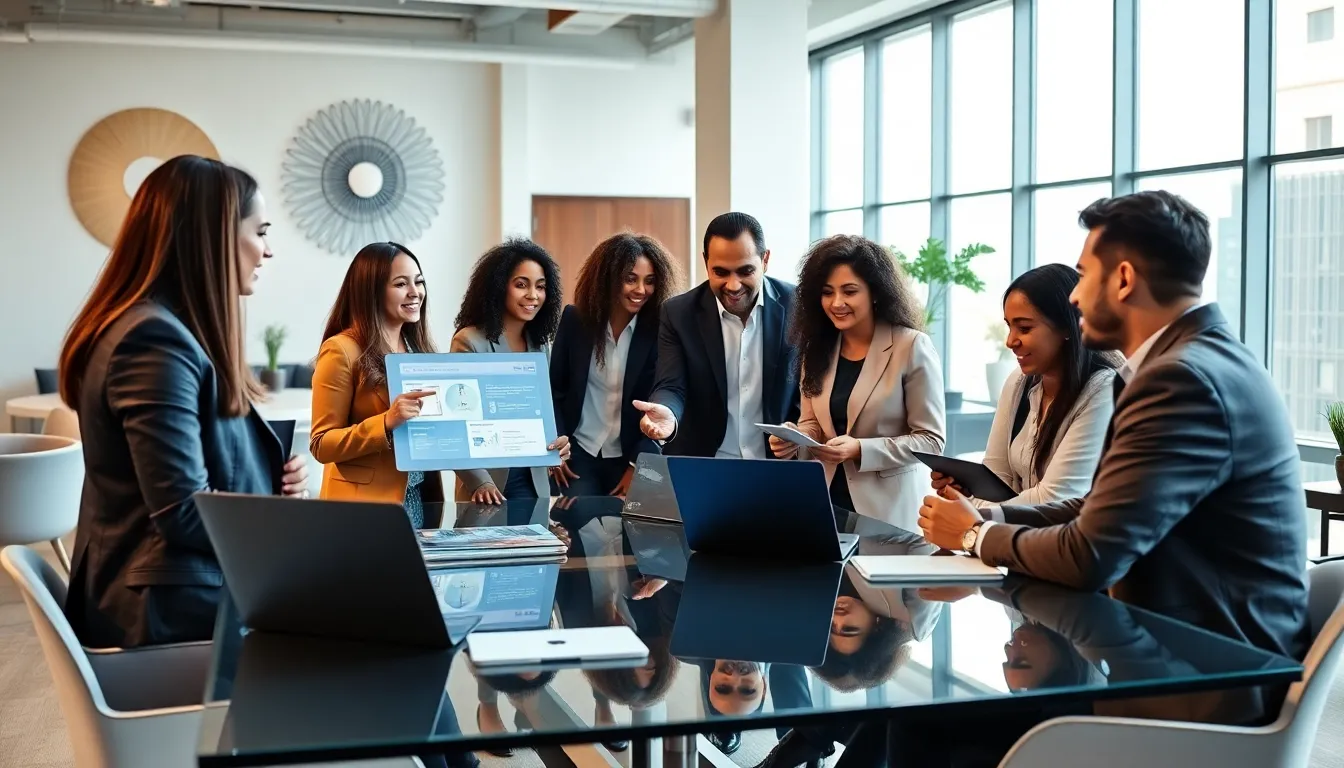 diverse team collaborating on technology and data synthesis in a modern office.