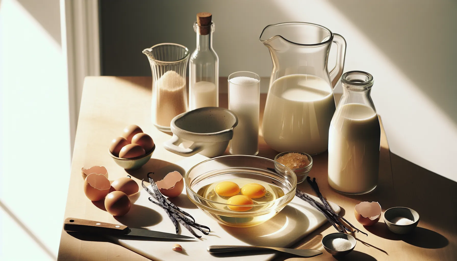 Ingredients for creamy vanilla sauce arranged on a scandinavian kitchen counter.