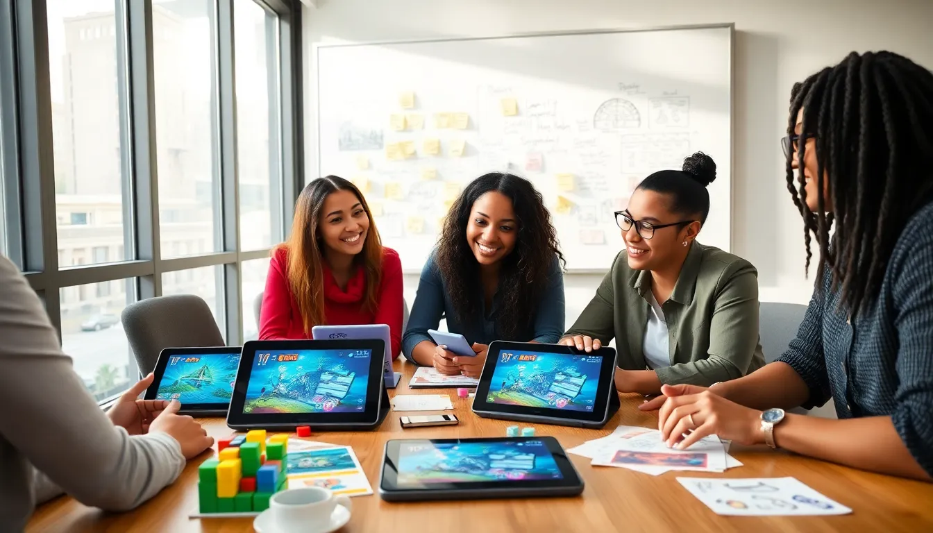 team brainstorming over game designs in a modern office.