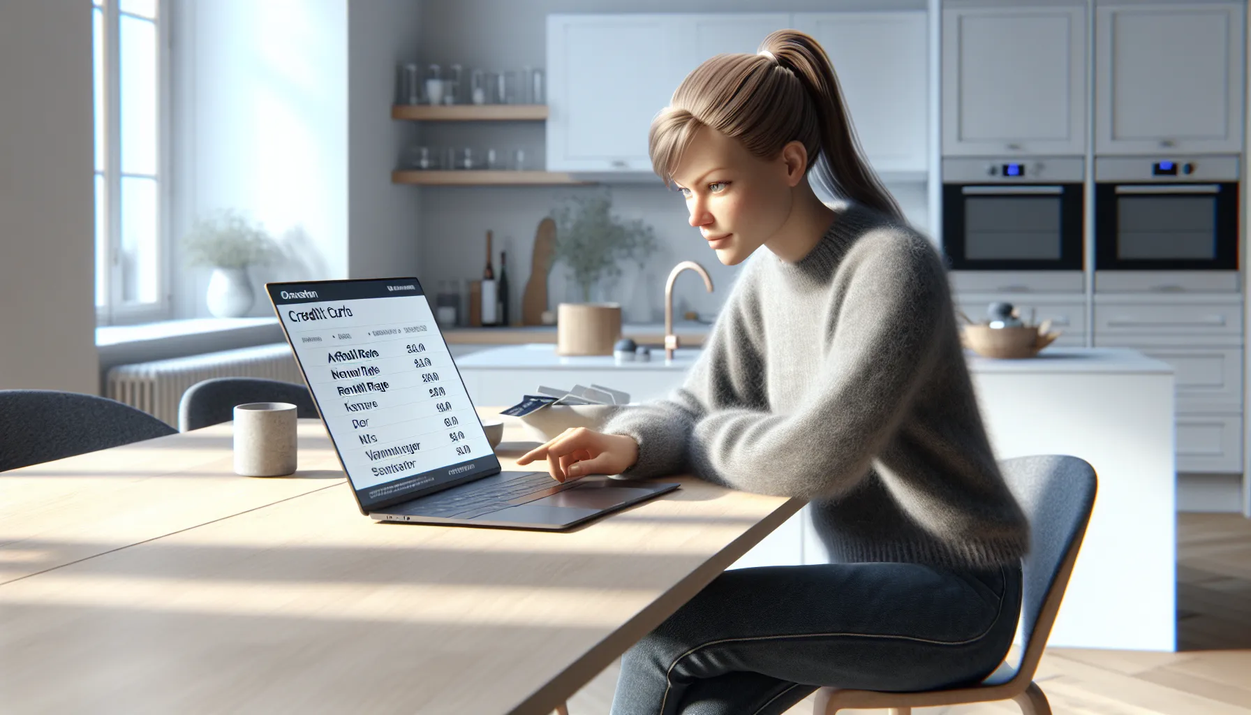 Norwegian woman comparing credit card interest rates and fees on a laptop at home.