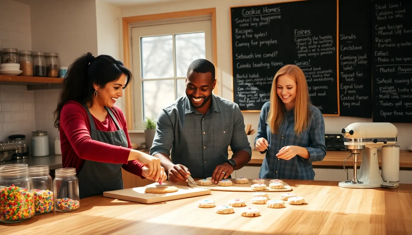 diverse friends baking cookies in a warm kitchen.