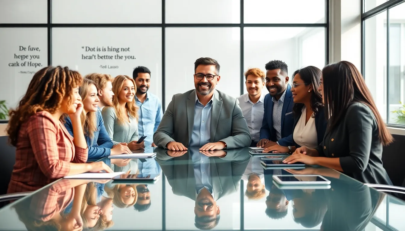 diverse team in a modern office discussing leadership optimism.