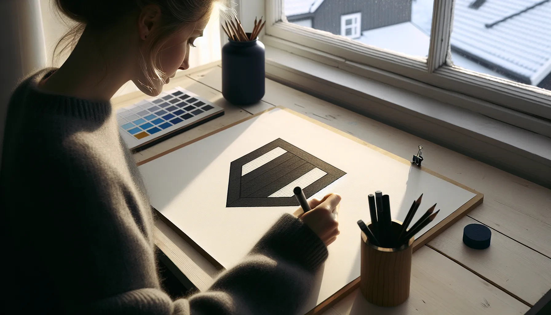 Designer sketching a simple shield logo in nordic daylight studio.
