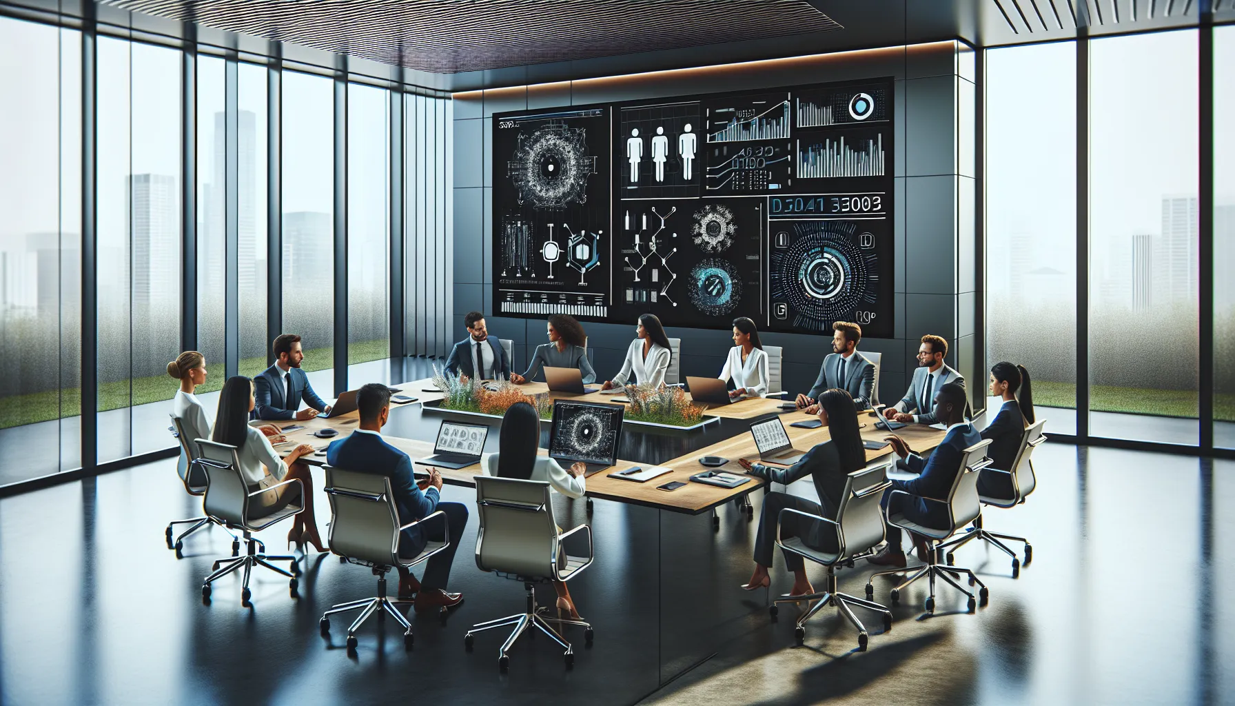 diverse team collaborating in a modern office on digital solutions.